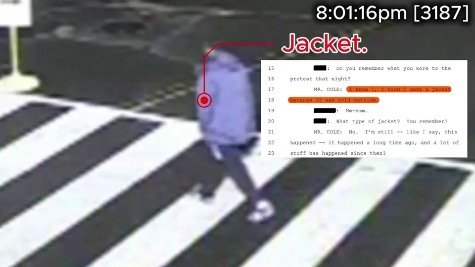 CCTV still at 8:01:16pm, camera 3187, showing a person in a light jacket in a crosswalk, with a callout labeled Jacket