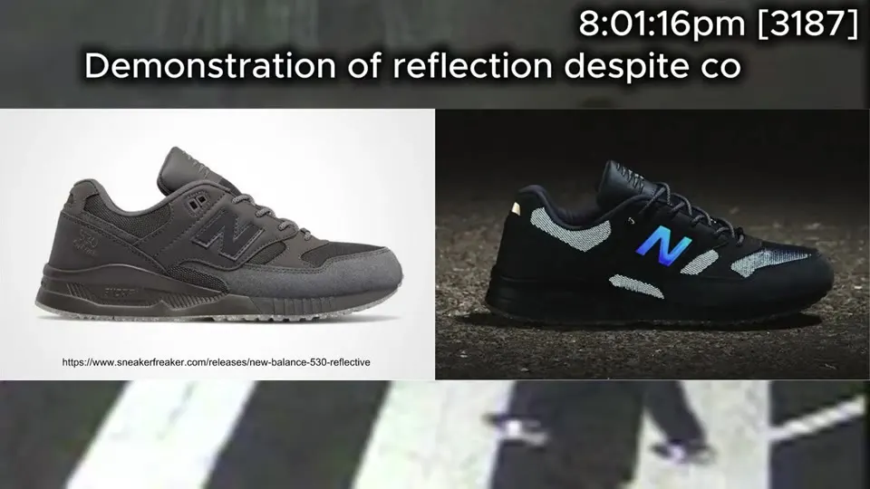 Video frame comparing New Balance sneakers with a CCTV crop of shoes at 8:01:16pm, camera 3187