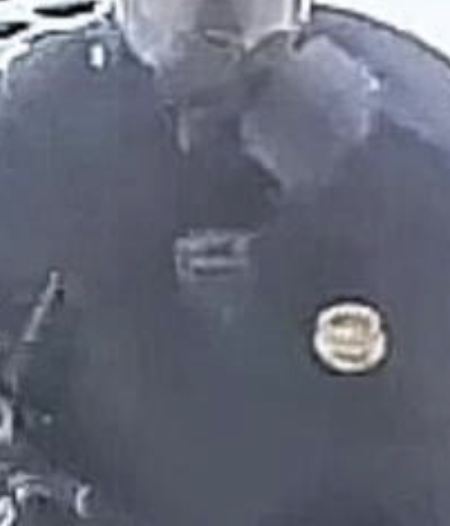 Blurry close-up of a dark shirt with a round light-colored object on the chest